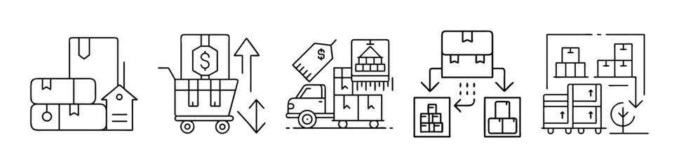Modern Logistics, Delivery, and Commerce Line Icons on White Background