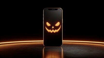 Spooky jack-o-lantern face on smartphone screen in dark room