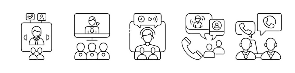 Line art icons for online communication, virtual meetings, and customer
