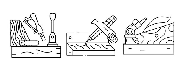 Three line art icons illustrating classic woodworking tools and processes