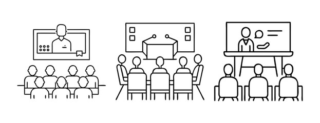 Outline icons illustrating business meetings, conference presentations