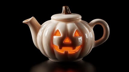 Halloween teapot with glowing jack-o-lantern face