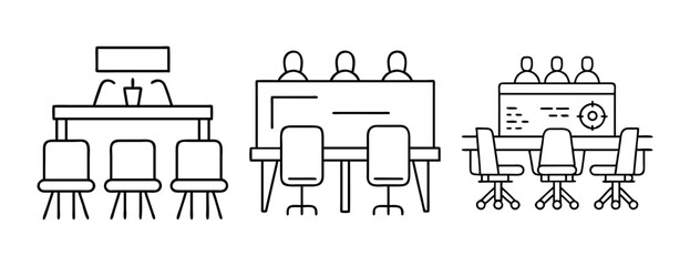Vector line art icons showing various conference room and office meeting