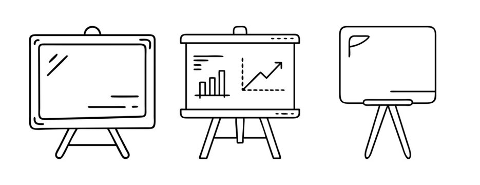 Line art illustration of three presentation whiteboards on easels