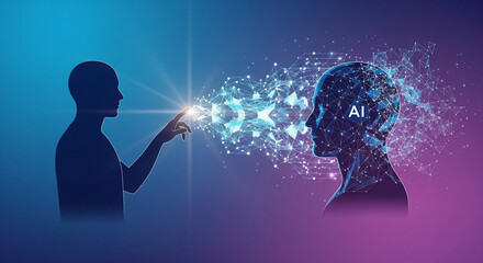 Human Interacting with Artificial Intelligence Neural Network, Concept of Digital Transformation and Human-AI Connection