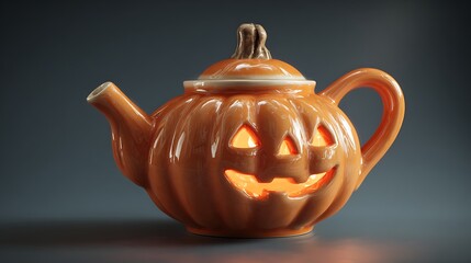 Halloween teapot with jack-o-lantern face on dark background