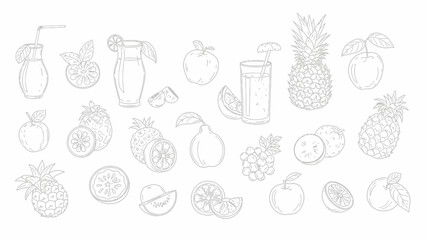 Line art illustrations of various fresh fruits and refreshing fruit juices, including pineapples, apples, oranges, kiwis, and grapes.