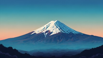 A serene mountain landscape with a snow-capped peak at sunset