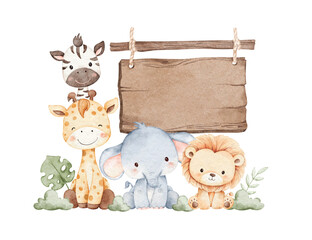Watercolor Illustration Wooden Board and Safari Animals