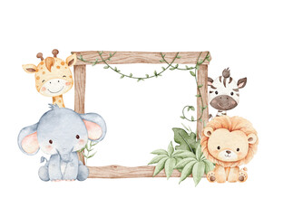 Watercolor Illustration Wooden Frame and Safari Animals
