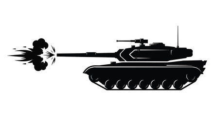 A striking black silhouette of a tank firing its cannon depicting military power silhouette © nhpvect02