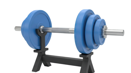 Barbell with Blue Weight Plates on Black Stand