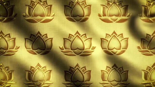 A gold, textured background adorned with a pattern of lotus flower motifs. Light streams across the surface, casting shadows