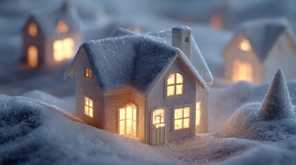 Cozy snow-covered houses with warm glowing lights