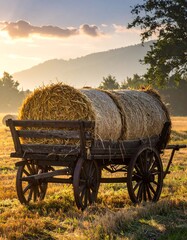 A rustic wooden cart laden with two large hay bales sits in a sunlit field, with mountains and trees in the misty background
