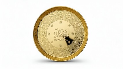 Golden round tray with Eid celebration theme texture and floral pattern, viewed from directly above, showcasing festive design elements