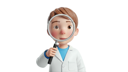 Cartoon boy in lab coat holding magnifying glass