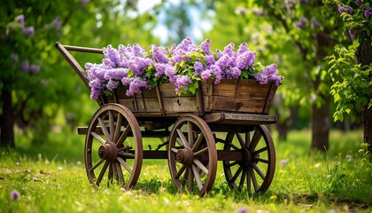 A rustic, wooden cart overflowing with vibrant purple lilac flowers rests in a sunny garden setting, surrounded by green foliage