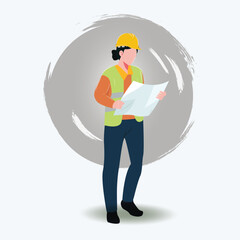 Vector of a female engineer wearing a yellow safety helmet and green reflective vest holding a paper