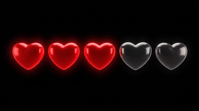 Five hearts in a row, three red and two silver, shiny and reflective, on a black background, viewed from the front