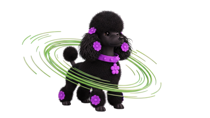 Black Poodle with Purple Flowers and Green Swirls