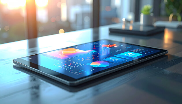 A digital tablet lying on a dark desk displays a glowing blue dashboard with colorful data charts, line graphs, and social media icons in a blurred modern office setting. - Powered by Adobe