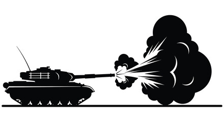 A black silhouette of a tank firing its cannon with a dramatic explosion silhouette © nhpvect02