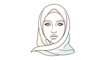Illustration of a woman wearing a white hijab minimalist line art portrait for cultural representation and fashion concepts isolated on white