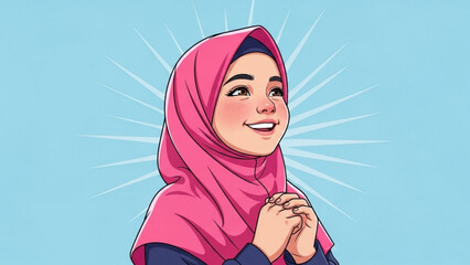 Young Muslim woman in a pink hijab smiling with hopeful expression illustration for religious or cultural themes isolated on blue background with radiating lines