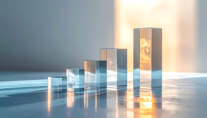 Five translucent glass blocks of increasing height arranged in a row on a reflective surface, illuminated by warm golden sunlight creating long shadows and highlights.