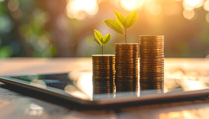 Three stacks of gold coins increasing in height with small green sprouts growing from the top, placed on a reflective tablet screen with a sunlit bokeh background.
