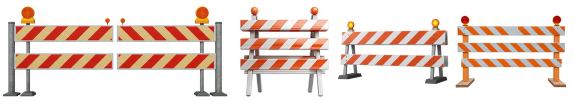 realistic photograph of diverse construction road safety barriers with bright red and white stripes and flashing warning lights.