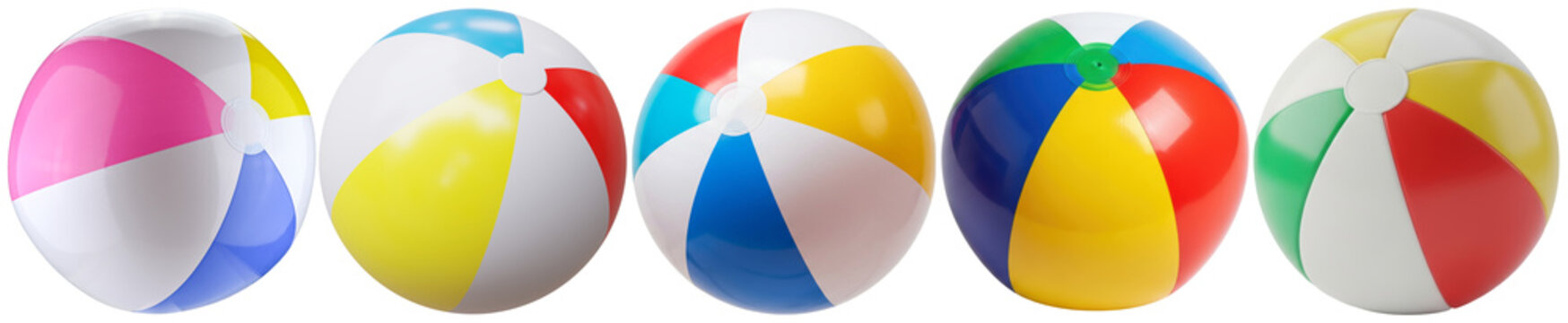 set of five vibrant, classic inflatable beach balls with various colorful striped patterns, isolated on a pure transparent background.