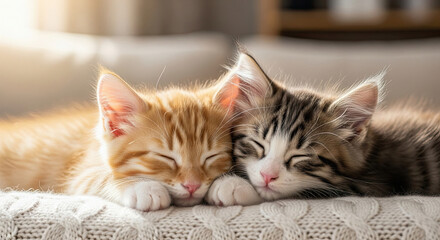 Two sleeping kittens orange and gray tabby on a knitted blanket orange kitten gray tabby kitten