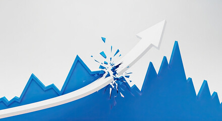 White arrow breaking through blue upward trending graph with sharp peaks blue graph