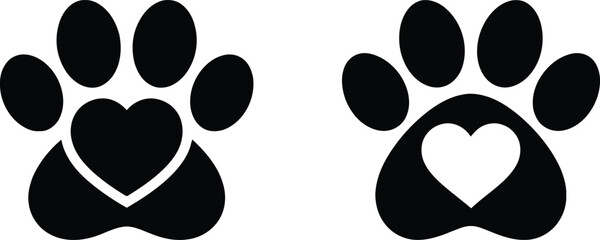 Animal paw print with heart symbol icons, pet love and veterinary care vector illustration. Cute dog or cat black silhouettes for pet lovers © Mdibrahim
