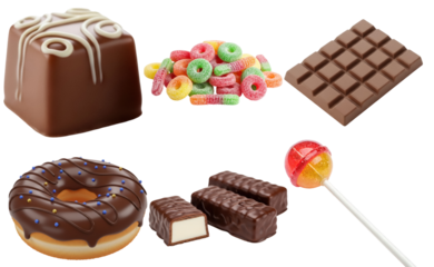 an appealing collection of diverse sweet confectionery, including rich chocolates, frosted donuts, gummy candies, and vibrant lollipops.