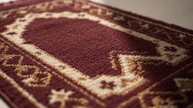 A Cinematic Journey Across the Intricate Textures of a Red and Gold Islamic Prayer Rug