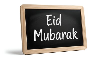 Obraz premium Eid Mubarak hand lettering on a mini chalkboard sign isolated, a greeting for the Eid celebration