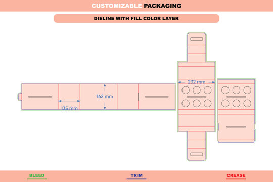 Six bottle carrier box with handle inserts featuring strong dieline layout and precise die line design ideal for vector printing and professional product pack packaging