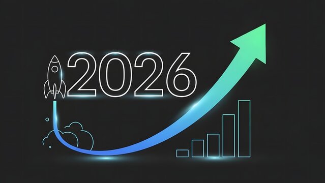 New year 2026 concept with a rocket launching upwards over a growing bar chart.