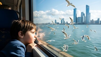 Young boy gazing at seagulls from train window