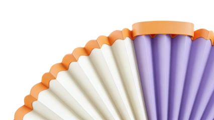 Pleated fan-like object with orange trim and beige and purple sections