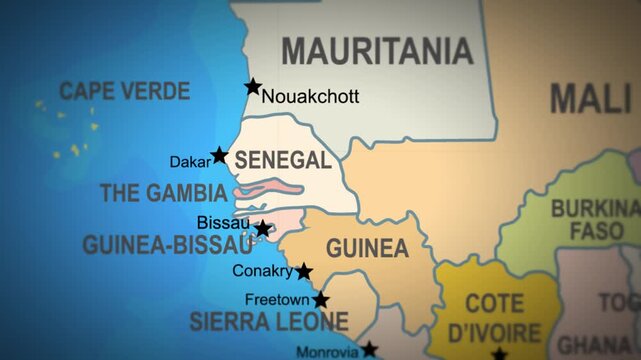 Diagram Showing Southeastern Senegal Near Ocean Boundaries and Features