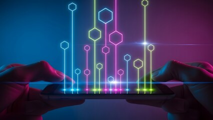 Hands holding smartphone with glowing neon hexagons and lines representing data transfer.