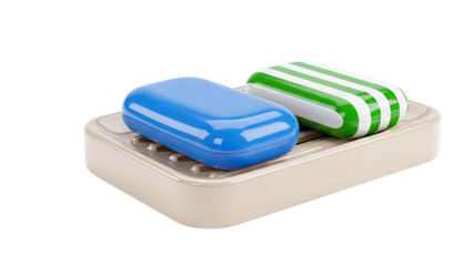 Two Soaps in a Soap Dish: Blue and Striped Green and White