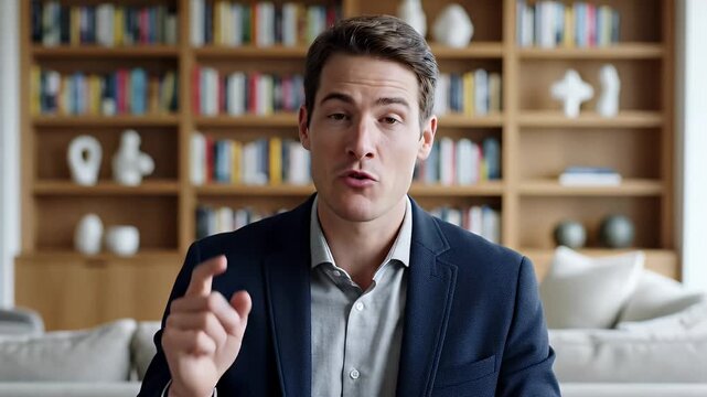 Professional Man Talking to Camera - A man is speaking directly to the camera while wearing a blue blazer and gray shirt. Behind him is a bookshelf filled with books and decorative items.