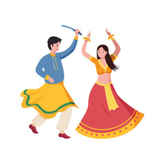 Indian Couple Dancing Garba in Vibrant Traditional Attire
