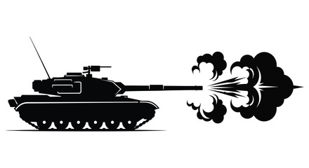 A powerful tank firing its cannon creating a dramatic explosion of smoke and energy silhouette © nhpvect02