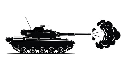 A black and white depiction of a tank firing its cannon a dramatic silhouette © nhpvect02